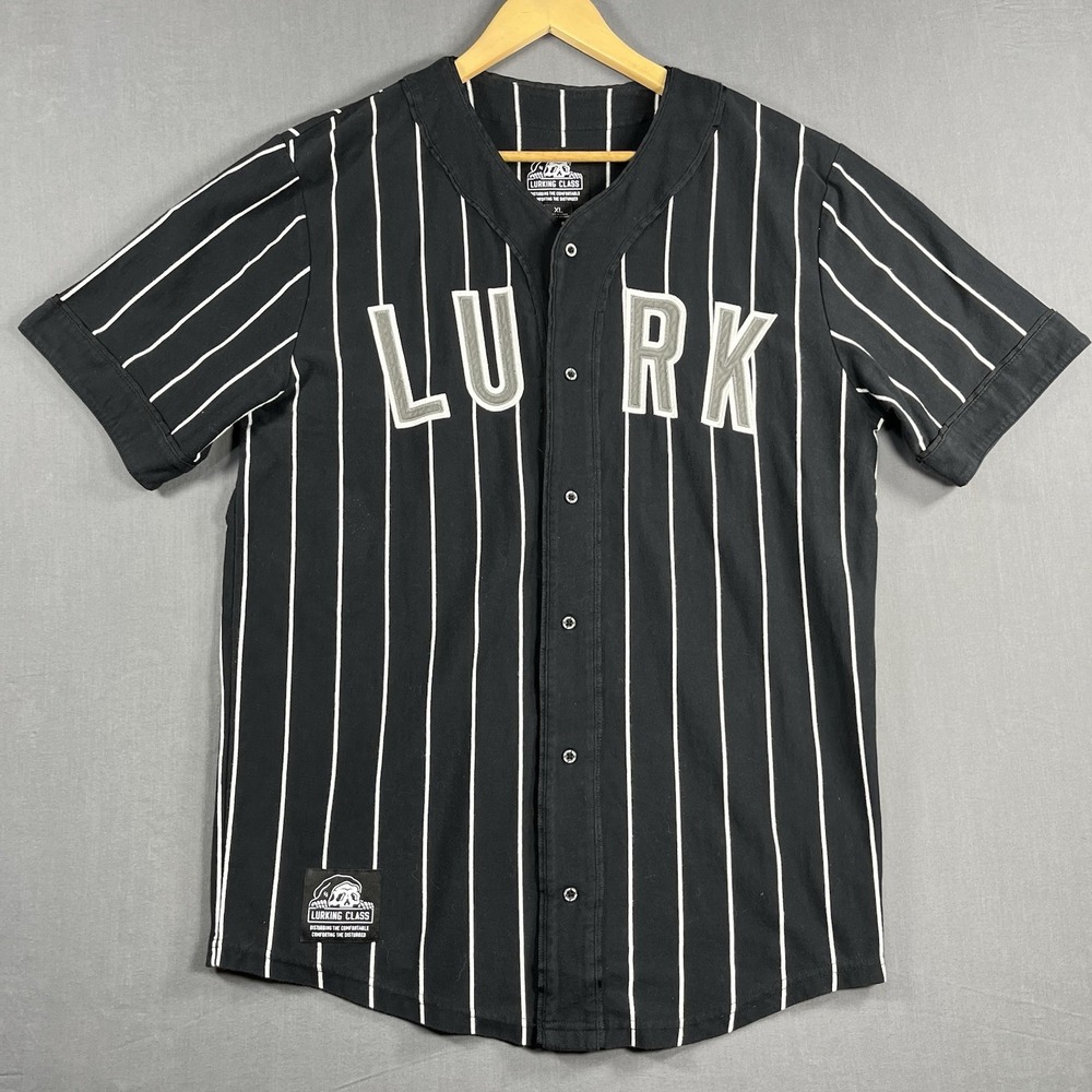 Lurking Class Shirt Mens XL Black Pinstripe LURK Baseball Skull Jersey